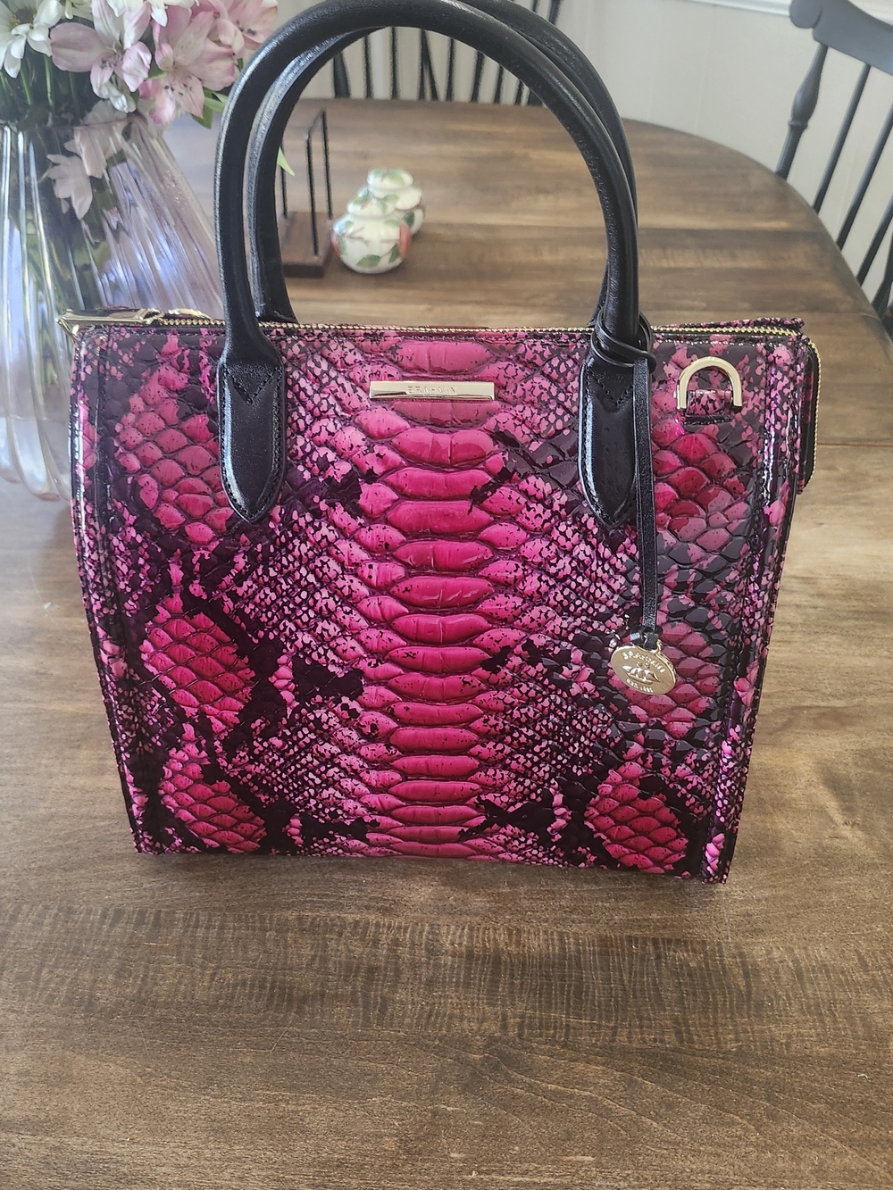 Bright Pink Snake-Print Tote Handbag by Brahmin Brand - Picture 3 of 10
